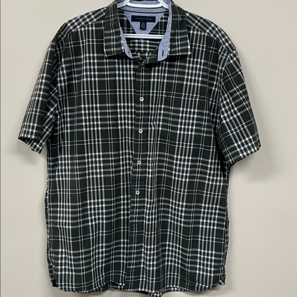 Tommy Hilfiger Olive Green and White Checkered Shirt